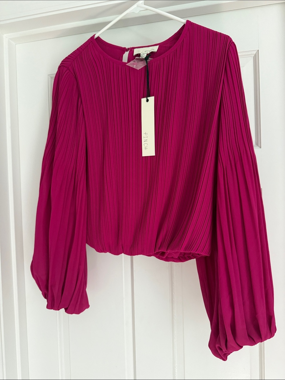 Pinch Pleated Long-Sleeve Blouse — Bright Fuchsia